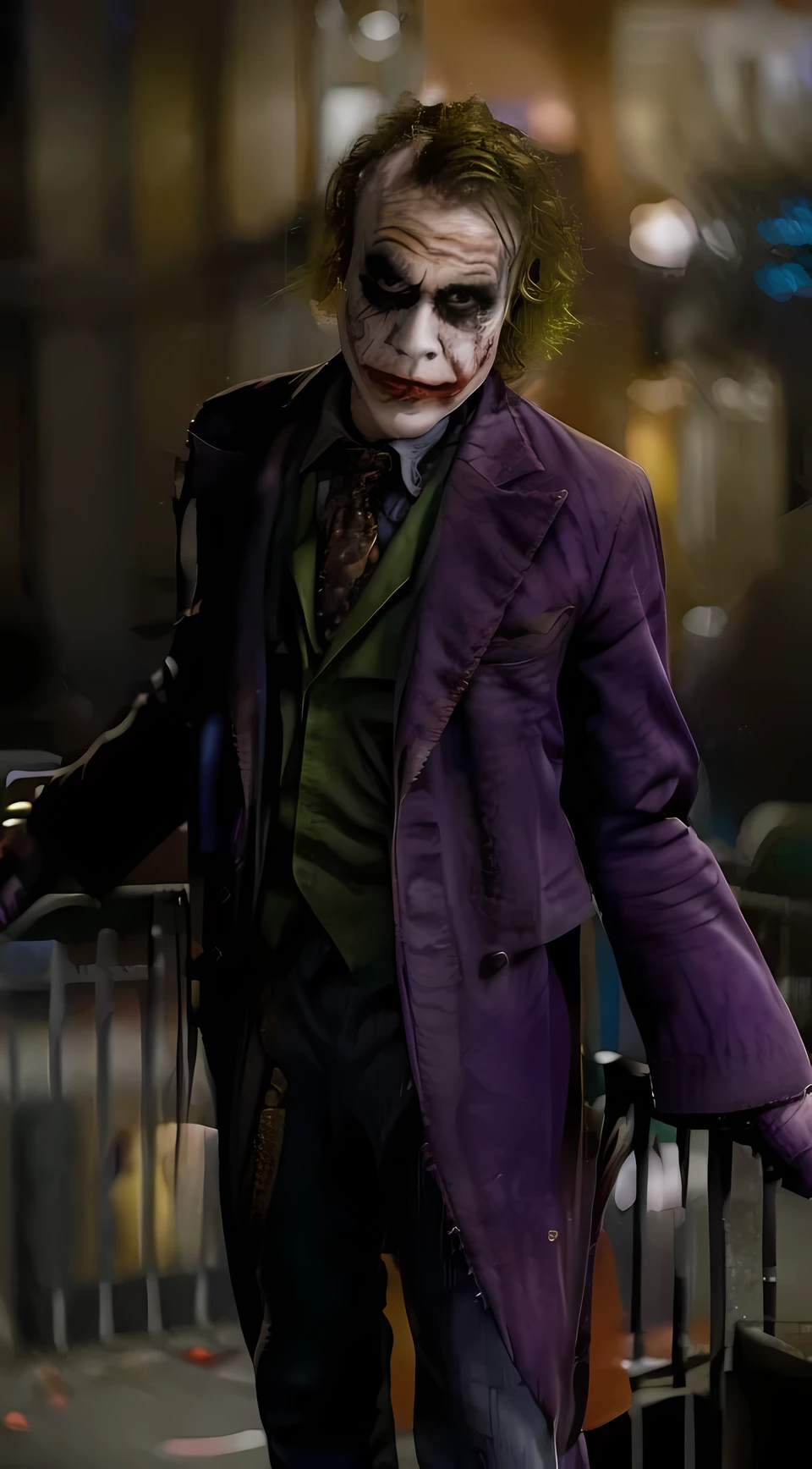 "Create a surrealistic scene of the Joker, wearing an elegant red and yellow suit, with his characteristic green tangled hair. He stands atop a building, gazing down at the city below, where distorted chaos unfolds. The night sky is tinted with shades of purple and green, while a sinister full moon looms on the horizon. City lights cast twisted shadows, highlighting the Joker's manic expression as he gleefully watches the chaos he has wrought."