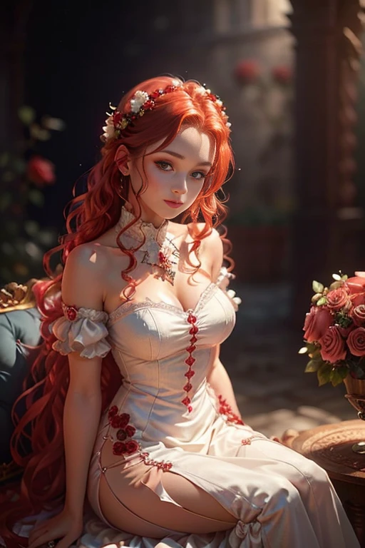 A young woman with red wavy hair, white innocent outfit, Perfect proportions, (detailed eyes, eye correction, red eyes), garden of red crystal roses, ((More red crystal roses)), posing sitting for a photo, side view, (Delicate images), (Photorealistic: 1.4), (Highly detailed), (high resolution), (Best quality), (masterpiece)