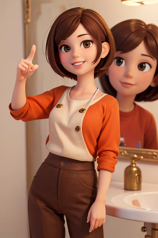 (highres, masterpiece: 1.2), realistic, portrait, man, detailed eyes, detailed lips, detailed human face, orange shirt color with a target in the middle, short brown hair, friendly expression, smiling, standing, and pointing for something, with confidence, white background, warm lighting.