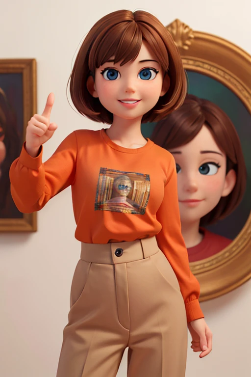 (highres, masterpiece: 1.2), realistic, portrait, man, detailed eyes, detailed lips, detailed human face, orange shirt color with a target in the middle, short brown hair, friendly expression, smiling, standing, and pointing for something, with confidence, white background, warm lighting.