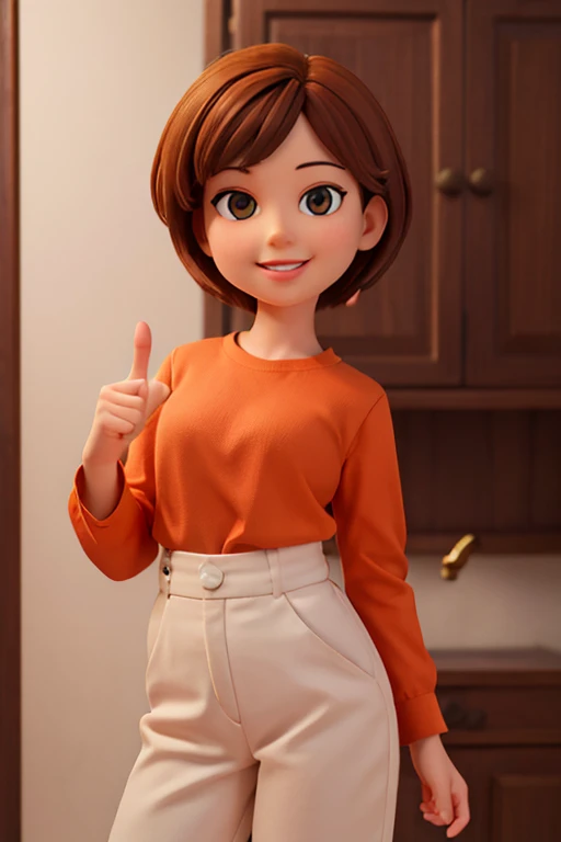 (highres, masterpiece: 1.2), realistic, portrait, man, detailed eyes, detailed lips, detailed human face, orange shirt color with a target in the middle, short brown hair, friendly expression, smiling, standing, and pointing for something, with confidence, white background, warm lighting.