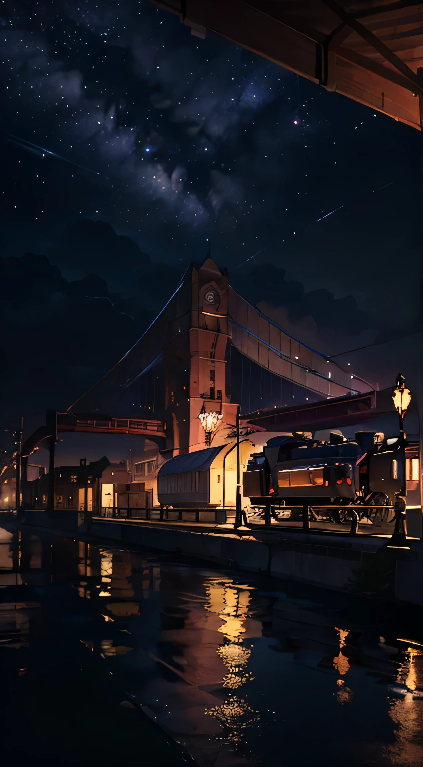 A masterpiece of high quality, landscape, Animated train passing through a body of water on the tracks, bright starry sky. romantic train, pixiv, concept art, Lofiato style, reflection. by makoto shinkai, Lofiato, beautiful anime scene, Anime landscape, Detailed landscape - width 672, in Makoto Shinkai&#39;s style, Makoto Shinkai&#39;s style, Enhanced details.