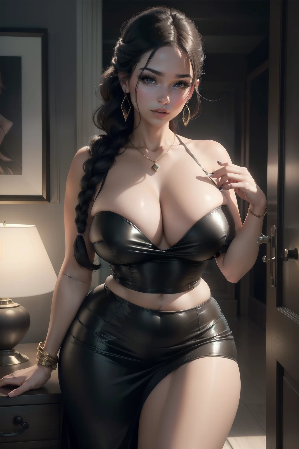 (best quality,highres),sexy woman with thick, braided hair, lustful gaze, and sultry pose, emphasizing her intense sensuality. Her face has beautifully defined features, including long eyelashes and plump lips. Her medium-sized chest is accentuated by a revealing crop top, drawing attention to her alluring cleavage. Her hands rest confidently on her curvy hips, exuding a sense of power and allure. She is dressed in a fashionable miniskirt, adding to her seductive appeal. The image captures her irresistible confidence and magnetism.

For the background, a dimly lit, atmospheric setting amplifies the woman's enchanting presence. Soft, warm lighting casts an inviting glow on her feminine silhouette. The color palette consists of rich, deep shades, accentuating her captivating beauty. The image exudes a seductive and glamorous aura, capturing the viewer's attention and leaving a lasting impression.

Medium: Photorealistic portraits
Additional details: Smoky eye makeup, perfectly manicured nails, high heels, striking accessories such as statement earrings or a delicate necklace.