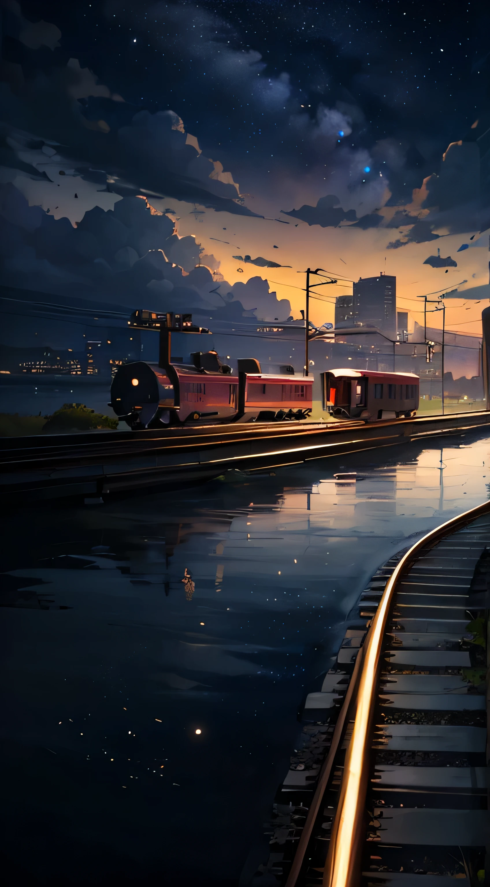 A masterpiece of high quality, landscape, Animated train passing through a body of water on the tracks, bright starry sky. romantic train, pixiv, concept art, Lofiato style, reflection. by makoto shinkai, Lofiato, beautiful anime scene, Anime landscape, Detailed landscape - width 672, in Makoto Shinkai&#39;s style, Makoto Shinkai&#39;s style, Enhanced details.