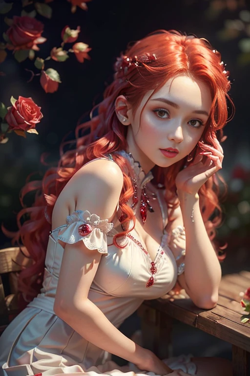 A young woman with red wavy hair, simple white outfit, Perfect proportions, (detailed eyes, eye correction, red eyes), garden of red crystal roses, ((More red crystal roses)), posing sitting for a photo, side view, (Delicate images), (Photorealistic: 1.4), (Highly detailed), (high resolution), (Best quality), (masterpiece)