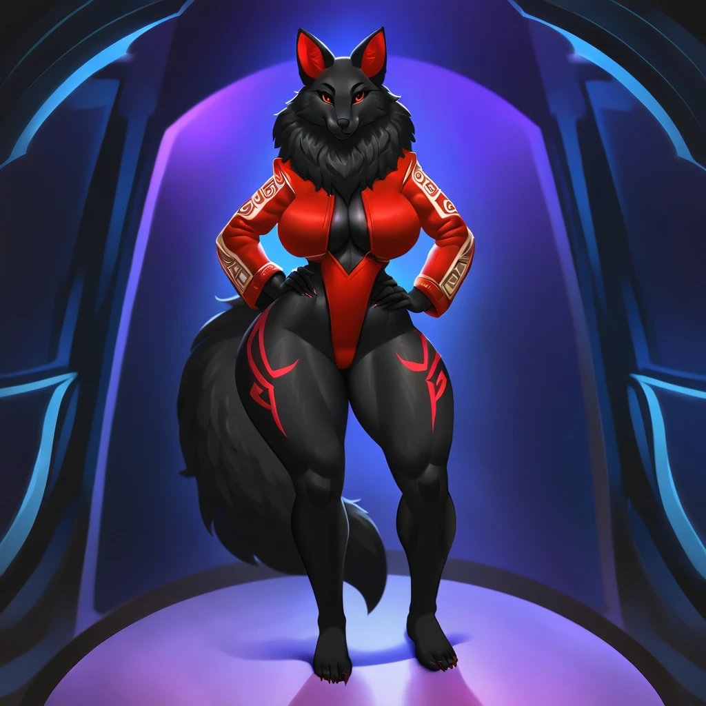 (full shot, front viev), tall, voluptuous, athletic female, wolf, black fur, totally dark fur, white tribal markings body, red inner ear, red leotard jacket, bubble ass, feet, 5 toes, sharp toenails, toe claws, toes, black, plantigrade, sexy eyes, wide hips, curvy figure, curvaceous, wedgie, bearing hips, smooth fur, long fur face, sexy legs, thick thighs, bearing hips, wolf tail, red inner ear, long wolf's mane, red eyes, black clera, black leaves, standing, hand on hips, feet together, Mocking Look, seducing viewer, in a space ship