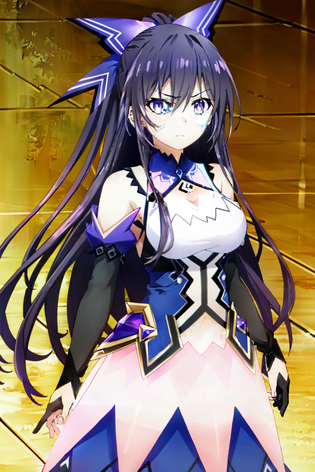 (extremely detailed CG unity 4k wallpaper),(masterpiece),(best quality),(ultra-detailed),(best illustration),(best shadow),(absurdres),(detailed background) Tenka Yatogami, 1girl, solo, long hair, shaded face, blue ribbon, , purple hair, blue hair ribbon, ponytail, red fire, blue ribbon