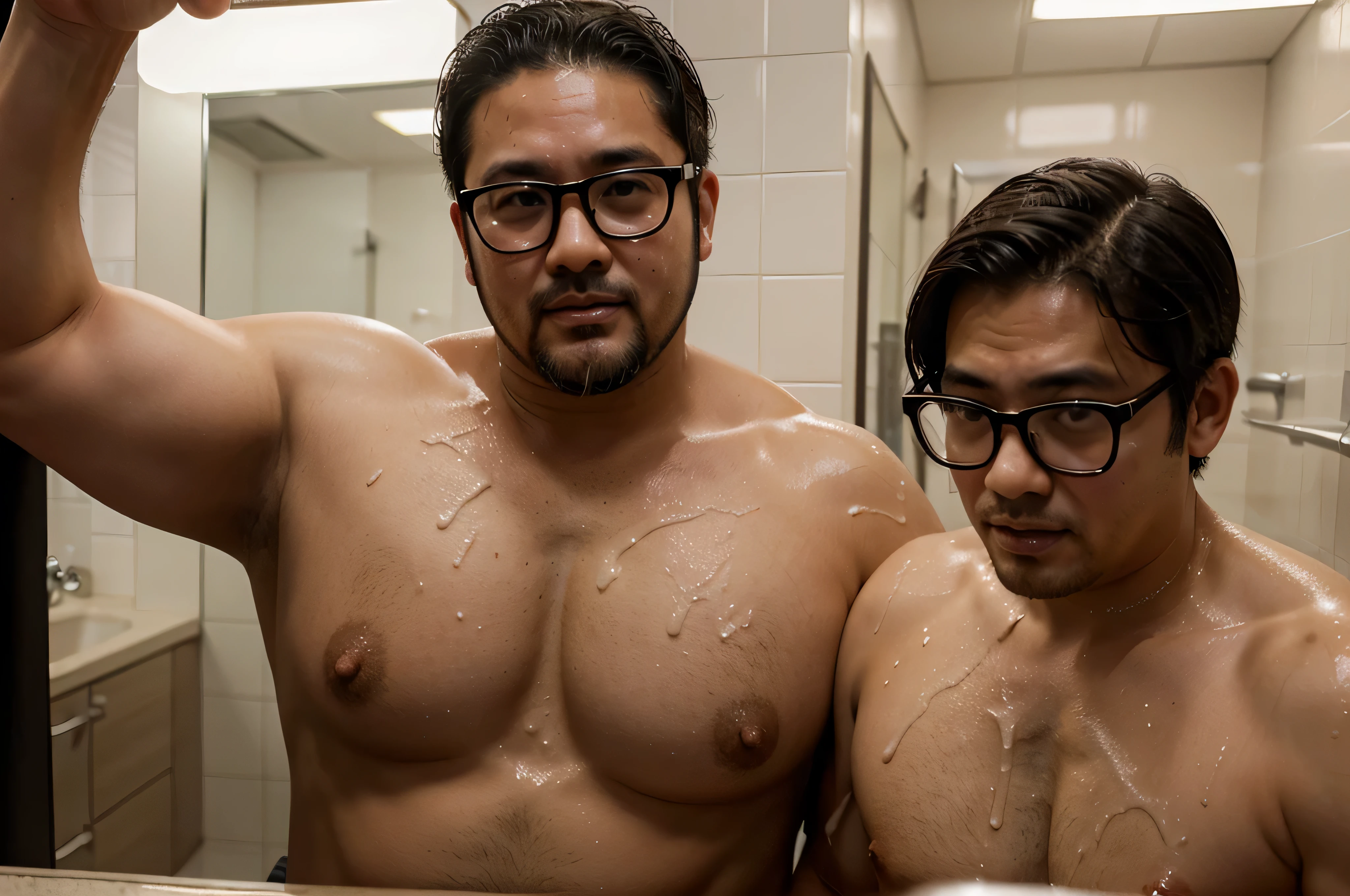 huge load of cum all over the face and body of a 37-year-old stocky chubby thick Japanese businessman wearing suit and tie and glasses with short hair and beard in a mens room