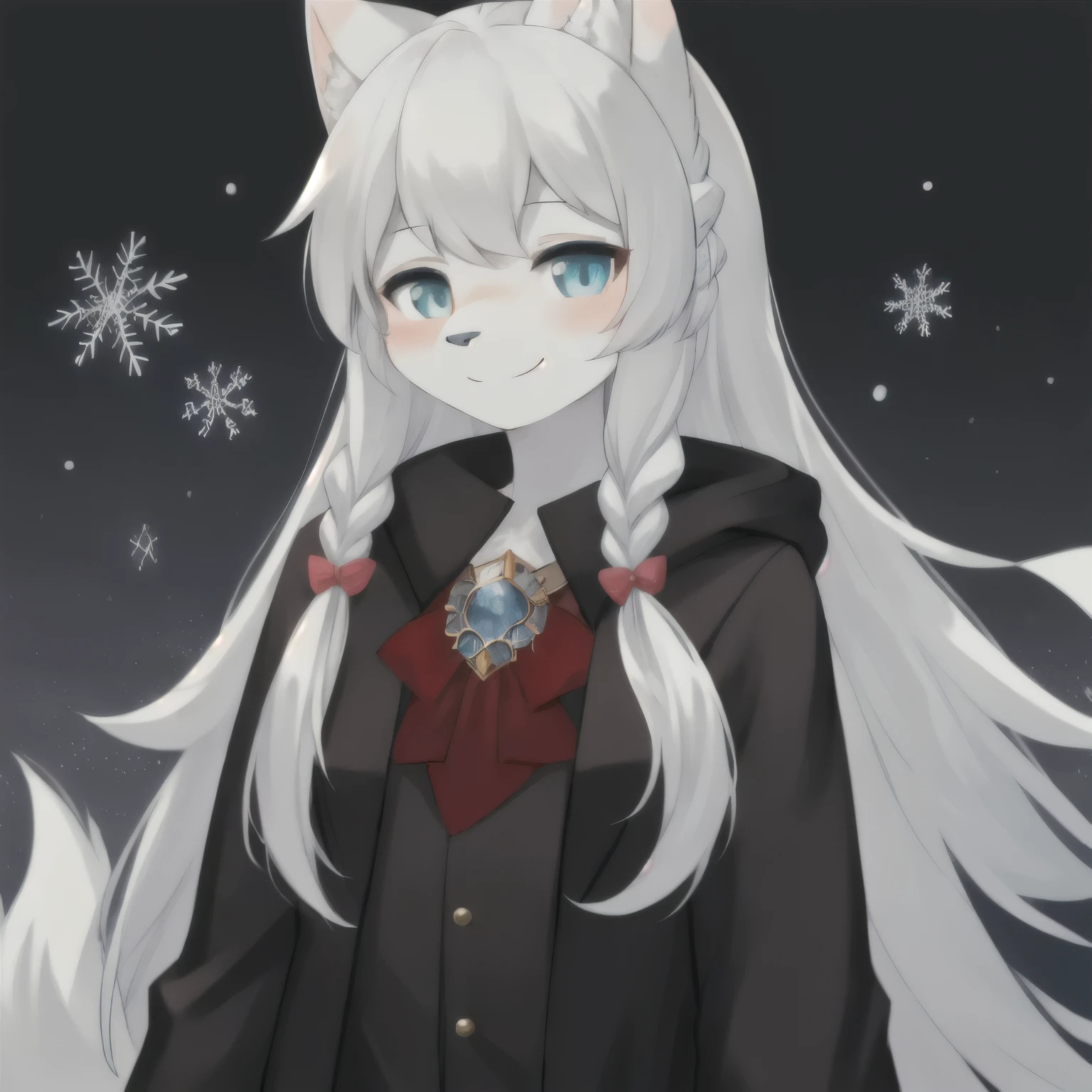 Furry, furry girl, wolf girl, solo girl, full fur, white fur, white hair, long hair, straight hair, hair with braid, a brooch in the hair, flower pattern brooch, almond-shaped eyes, blue eyes, shy smile, charming look, red cheek, long coat, warm coat, fur coat, black coat, coat with blue flower pattern, snow wallpaper, cold atmosphere, night background, cloudy sky, snowflake ,