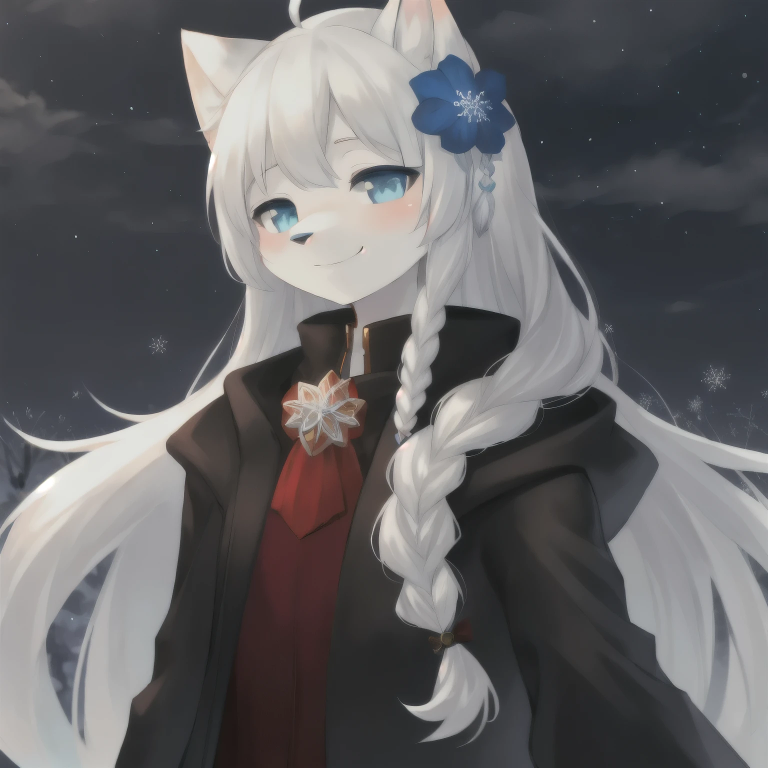 Furry, furry girl, wolf girl, solo girl, full fur, white fur, white hair, long hair, straight hair, hair with braid, a brooch in the hair, flower pattern brooch, almond-shaped eyes, blue eyes, shy smile, charming look, red cheek, long coat, warm coat, fur coat, black coat, coat with blue flower pattern, snow wallpaper, cold atmosphere, night background, cloudy sky, snowflake ,