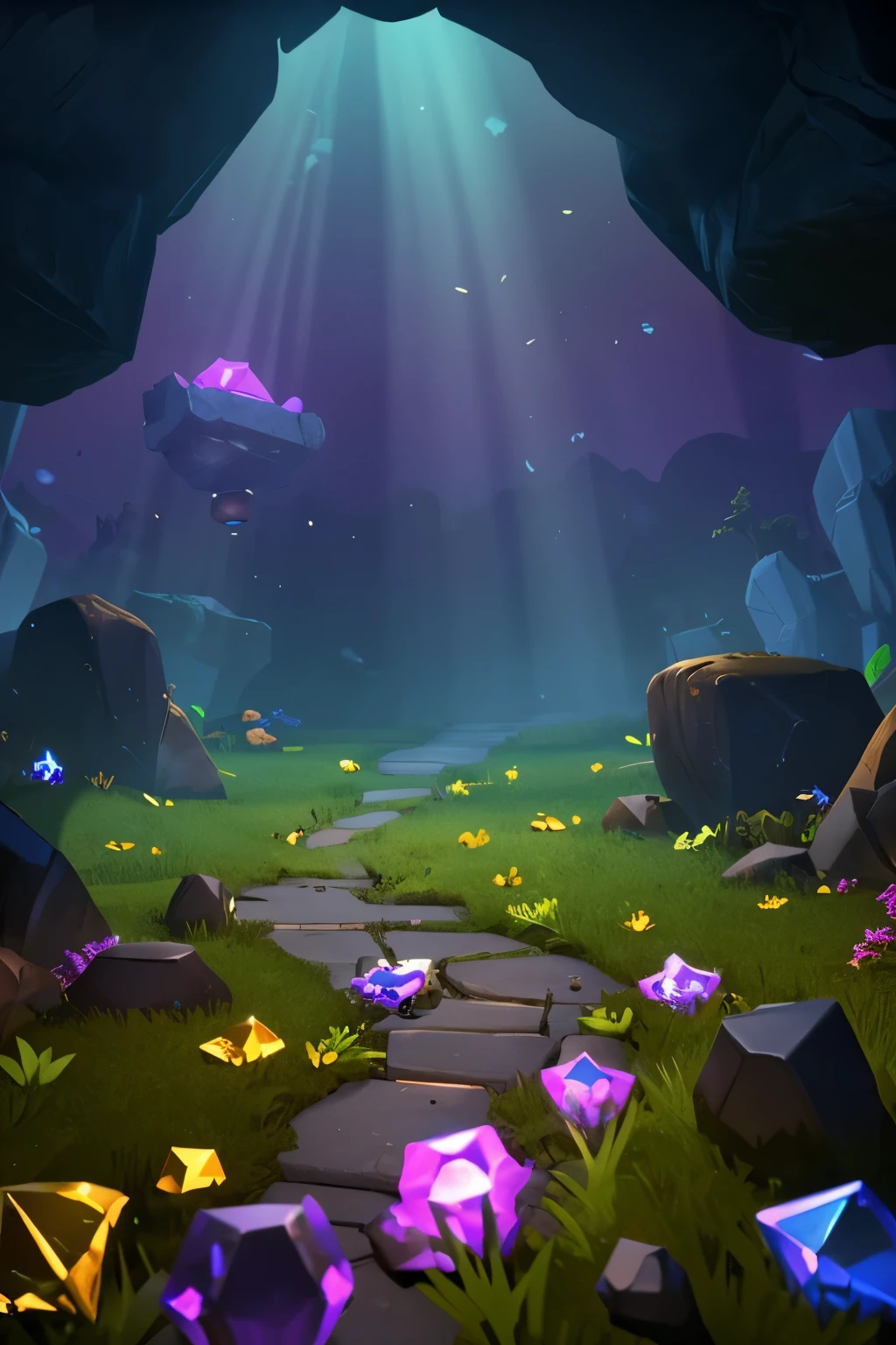 Create a background for the game, where the player will open a chest with a hero. The background should be dark and mysterious, with stone walls, covered with moss. There should be a chest in the center of the cave, glowing with golden light. There should be gems and coins scattered around the chest. Add more magic and mystery , purple fog