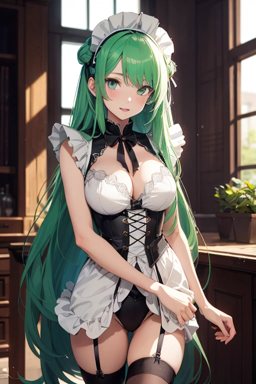 Girl, (anime), beautiful young girl of 13, who has long green hair, and green eyes, white skin color, height 170 cm, hot, wearing a sexual maid outfit