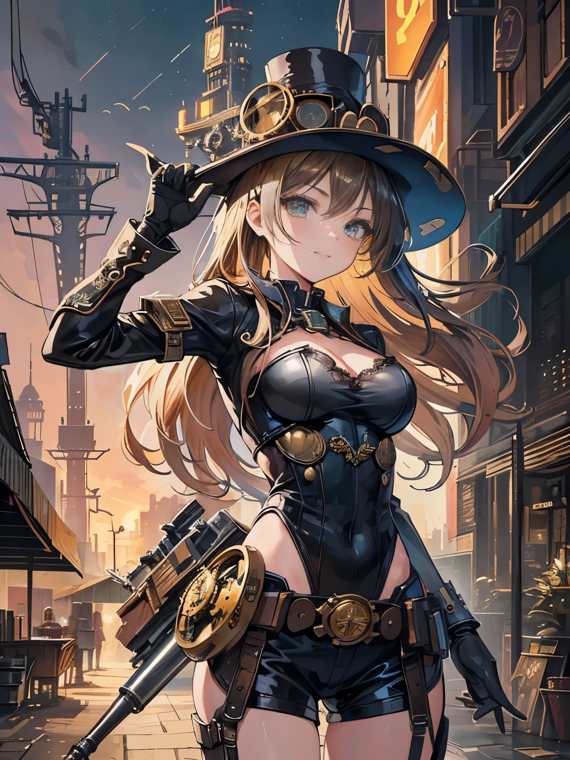 (comic book style),(line drawing_anime),(cowboy shot, highest quality, ),(Laura Budd Photo:1.2),(Laura Add Details:1.0),8k, flat color:0.8,1 girl,smile、(steampunk、silk hat、goggles、machinery background、1.5),Gear background、