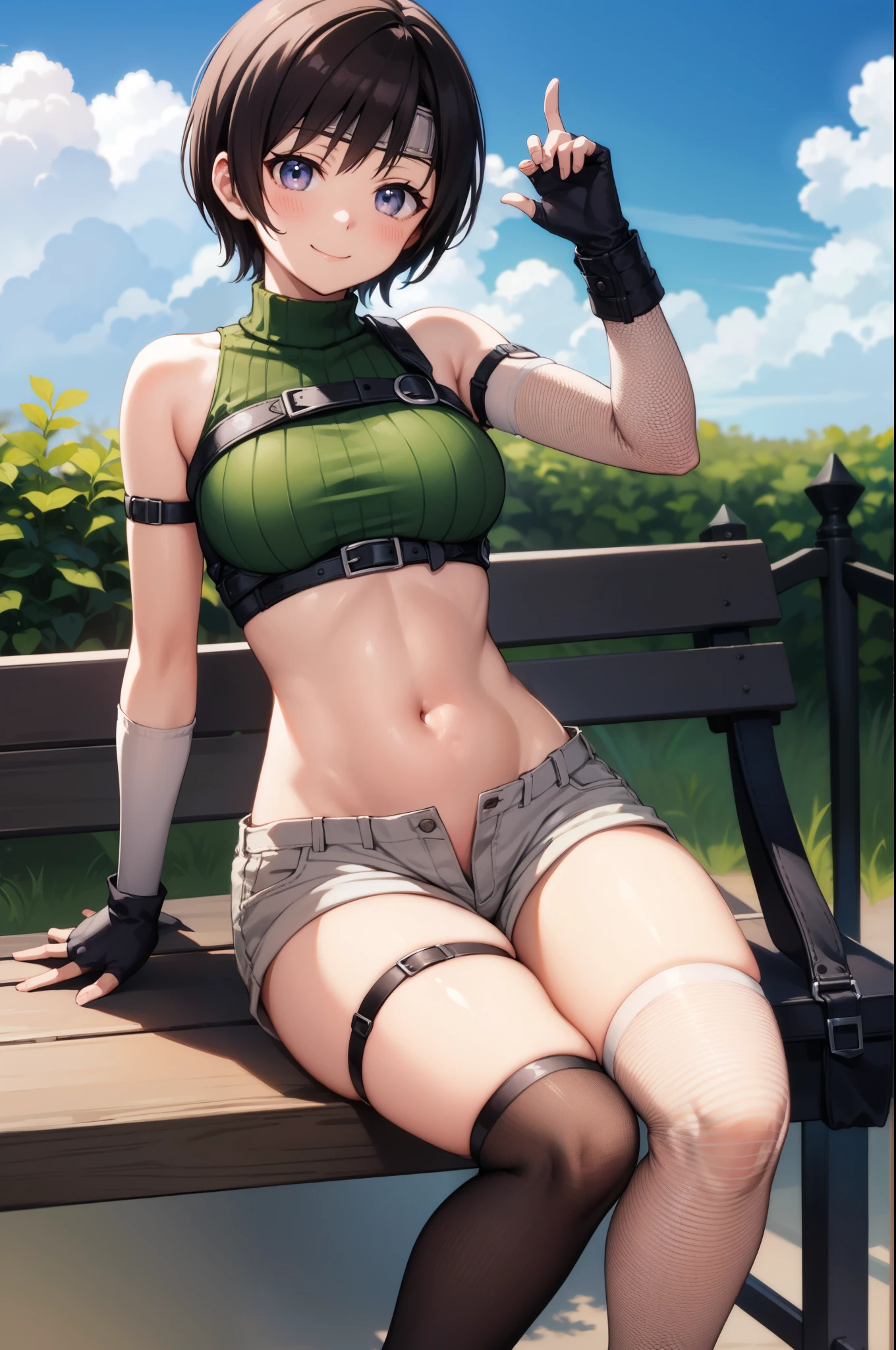 yuffiekisaragi, Yuffie Kisaragi,Haircuts, pixie cut,
壊す crop top, fingerless gloves, fishnet Thighhighs, fishnet, forehead protector, gloves, head band, belly button, short shorts, shorts, single sleeve, single thigh high, No sleeve, No sleeve turtleneck, Thighhighs, turtleneck,
bench、blue sky、smile, solo