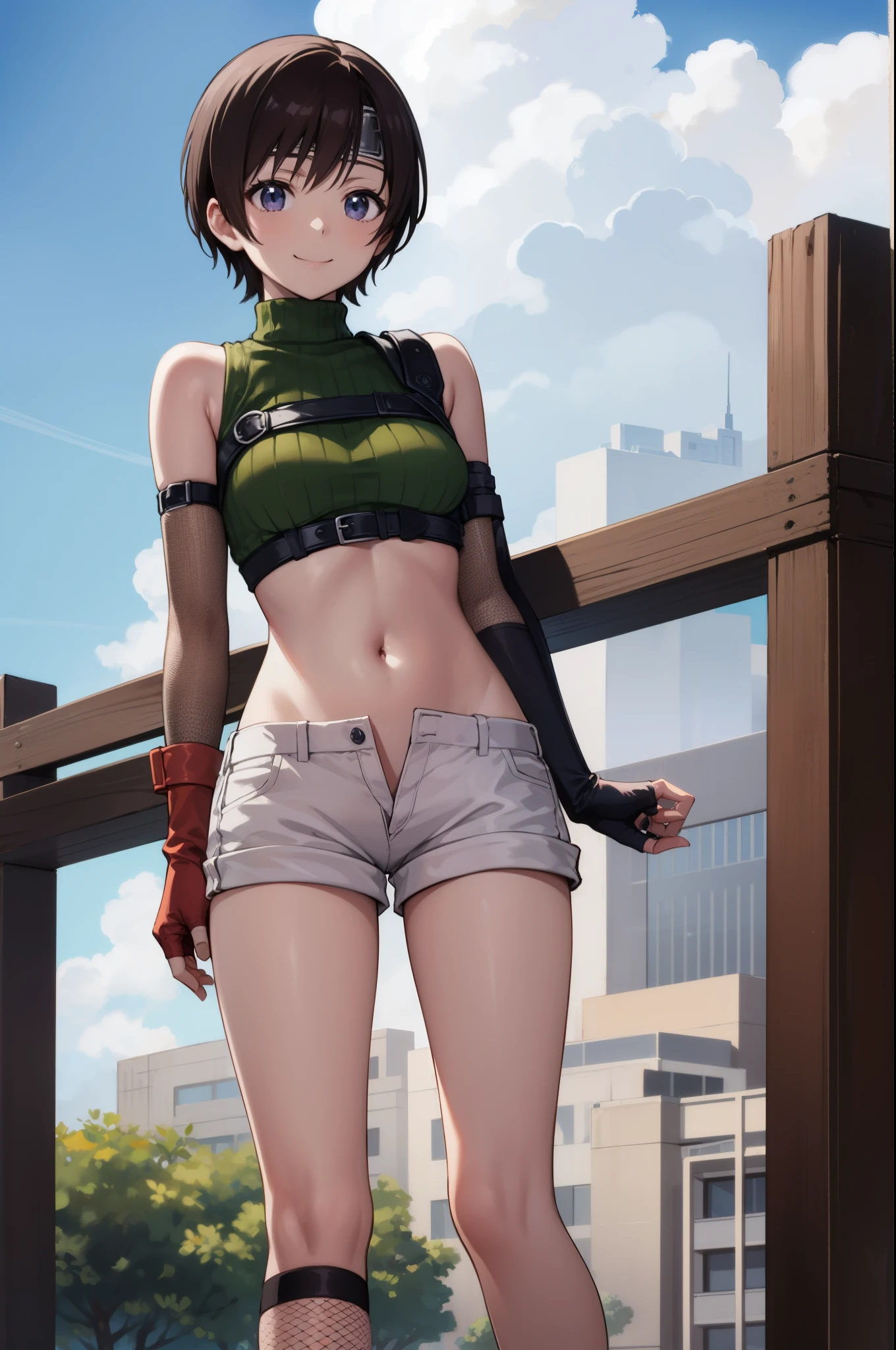 yuffiekisaragi, Yuffie Kisaragi,Haircuts, pixie cut,
壊す crop top, fingerless gloves, fishnet Thighhighs, fishnet, forehead protector, gloves, head band, belly button, short shorts, shorts, single sleeve, single thigh high, No sleeve, No sleeve turtleneck, Thighhighs, turtleneck,
bench、blue sky、smile, solo