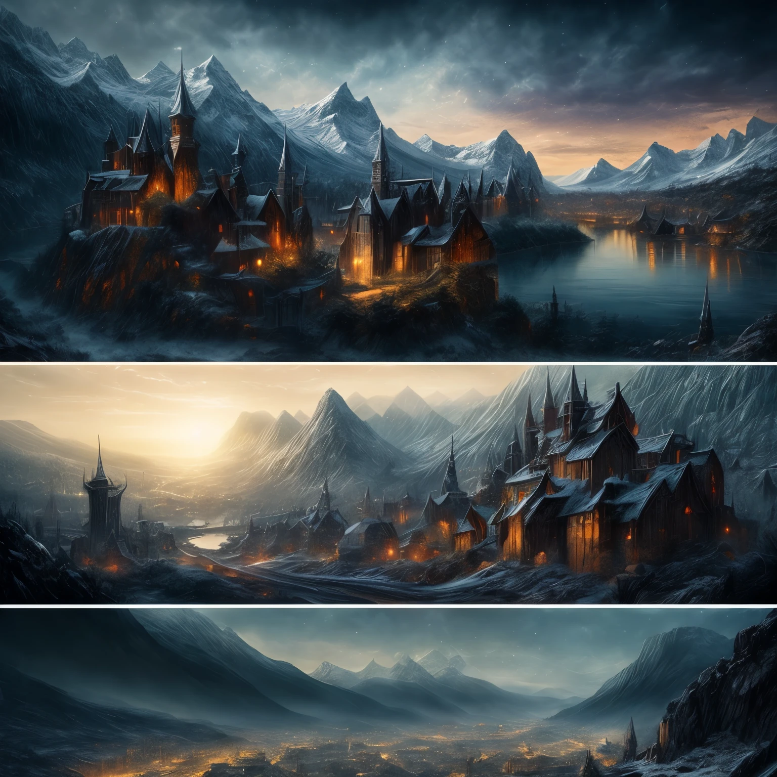 Dark fantasy medieval D&D city nestled inside a large rift surrounded by treacherous mountains, dark silhouette against snow-capped peaks, subtle gradient effect suggesting various districts, fantasy landscape painting, awe and intriguing, mysterious.