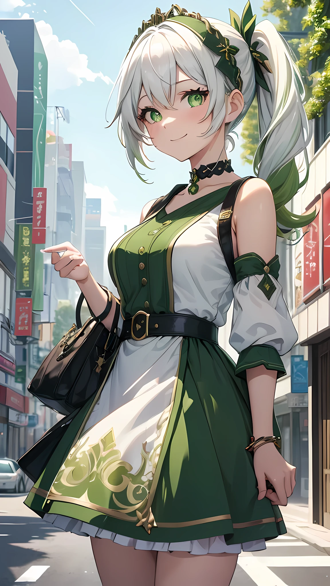 masterpiece , best quality,nahida(genshin impact), 1girl ,big breasts, green and white dress:1.5 ,side ponytail ,white hair ,multicolored hair, green eyes,casual outfit , hairband , black choker, bag , green hair,busy road , city life,smiles