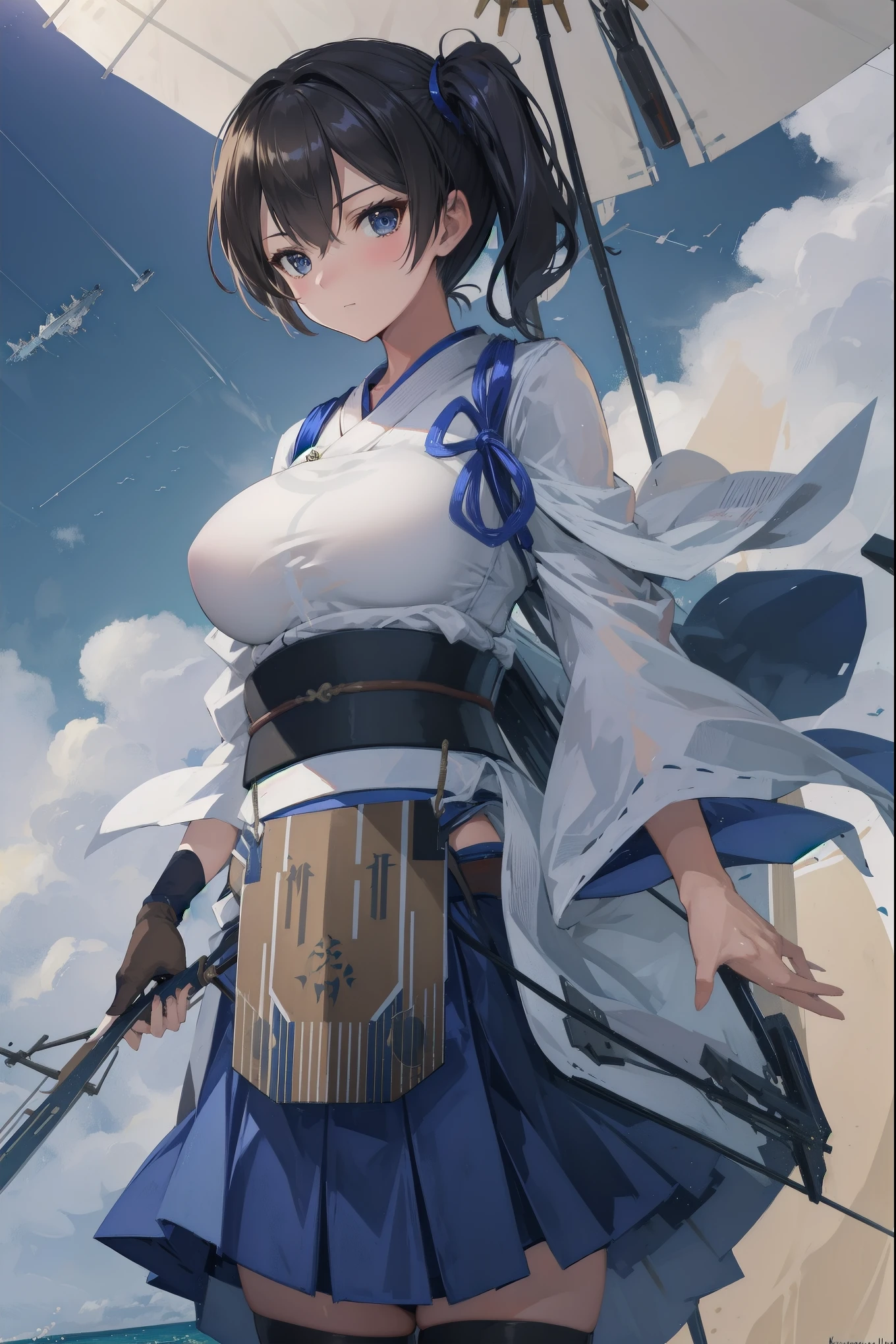 Kaga(Fleet Collection),highest quality, masterpiece, High resolution,kimono,blue skirt,side ponytail,big_breasts,