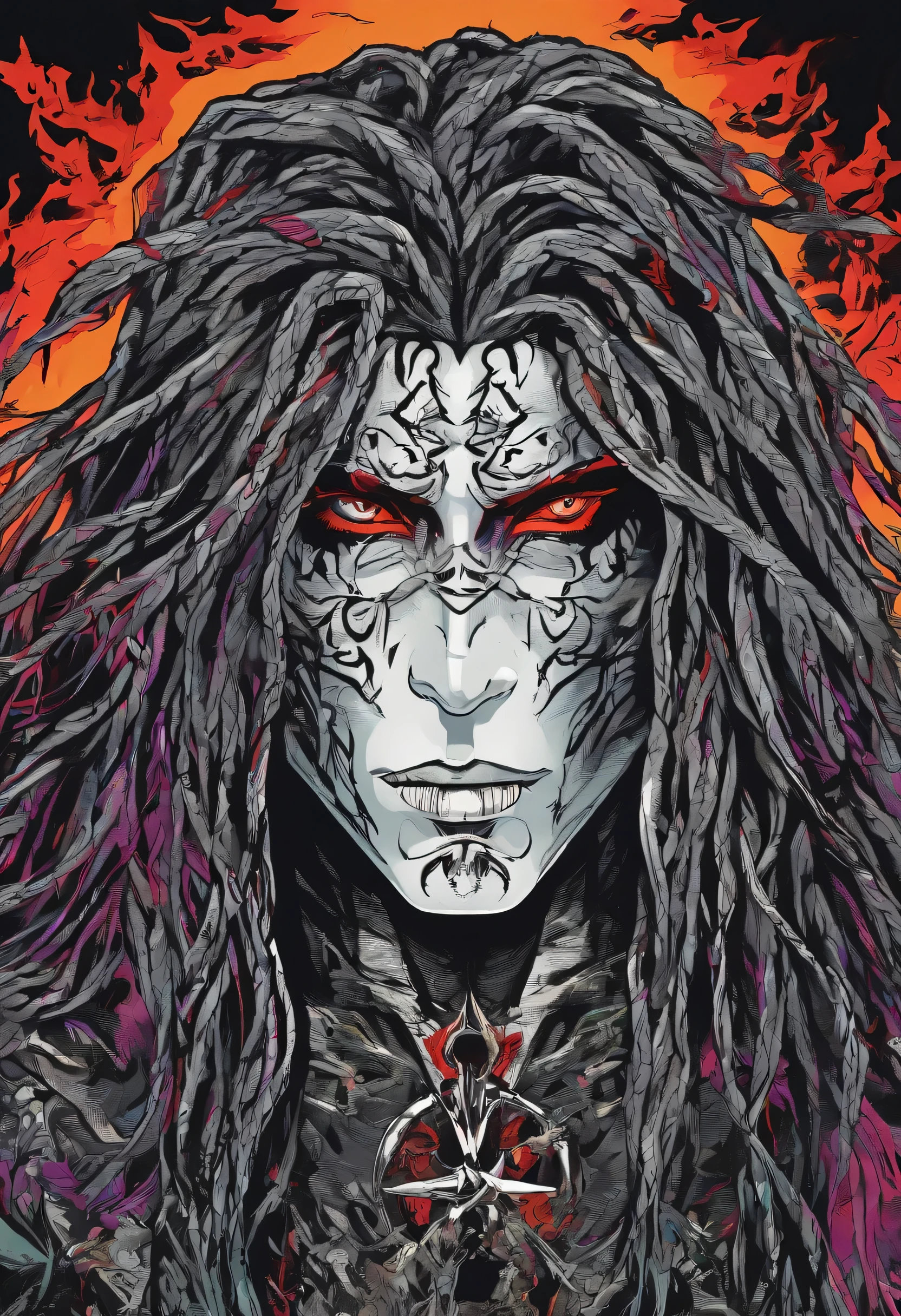 A brutal looking masculine black metal vocalist posing for a magazine , acrylic art, anime, detailed face, evil, overly confident, looking down on others, portrait, acrylic art, strong upper body, long dreadlocks , dark grey eyes, trees looking ominous