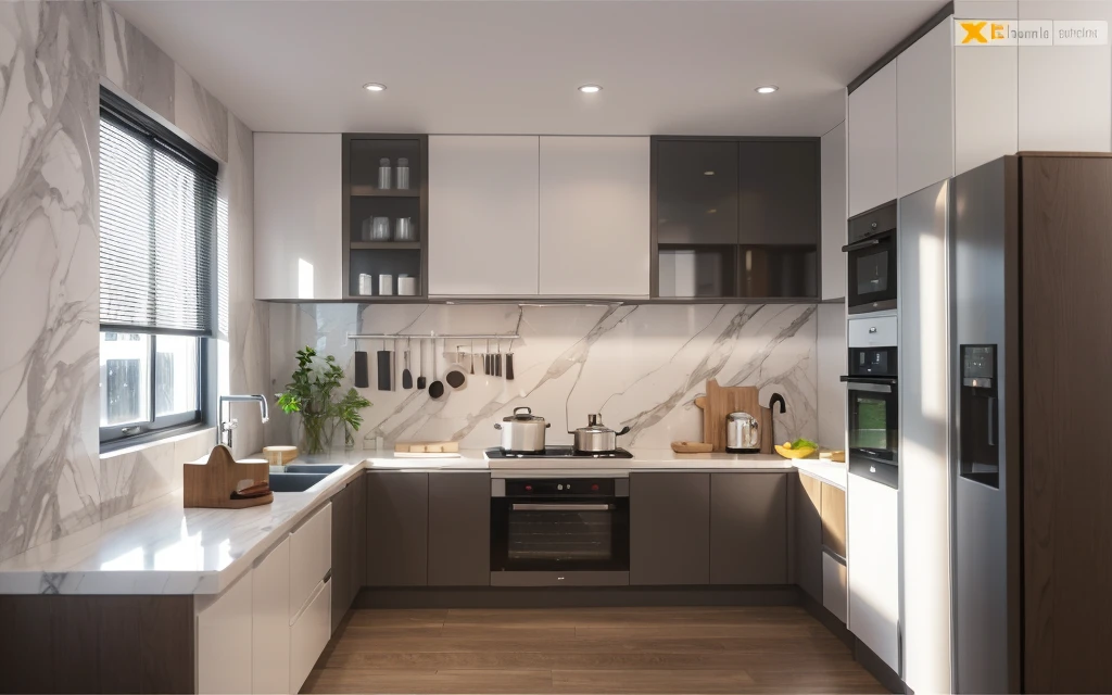 Kitchen room, interior design, (tones gray with white),  (modern style), (wooden floor cladding grossy MDF melamine), (Louver curtain wood), (white curtain light),(scattered light rays penetrate through translucent curtains), (architectural visualization style:1.2), (reflection), (focus on object), (scattered light) ((((volumetric light))) (multi-beam light) (sunbeam) (multi-level reflection), (grossy wooden floor), (spotlight) {warm led light|4000k}, (corona software visualization render:1.2),day, 8k uhd, dslr, soft lighting, high quality, film grain, Fujifilm XT3, ((intricate detail)), ((extreme detail)), ((science)), ((hyper-detail)), ((super detail)), ((super realistic)), ((crazy detail)), ((octane render)), ((Cinematic))