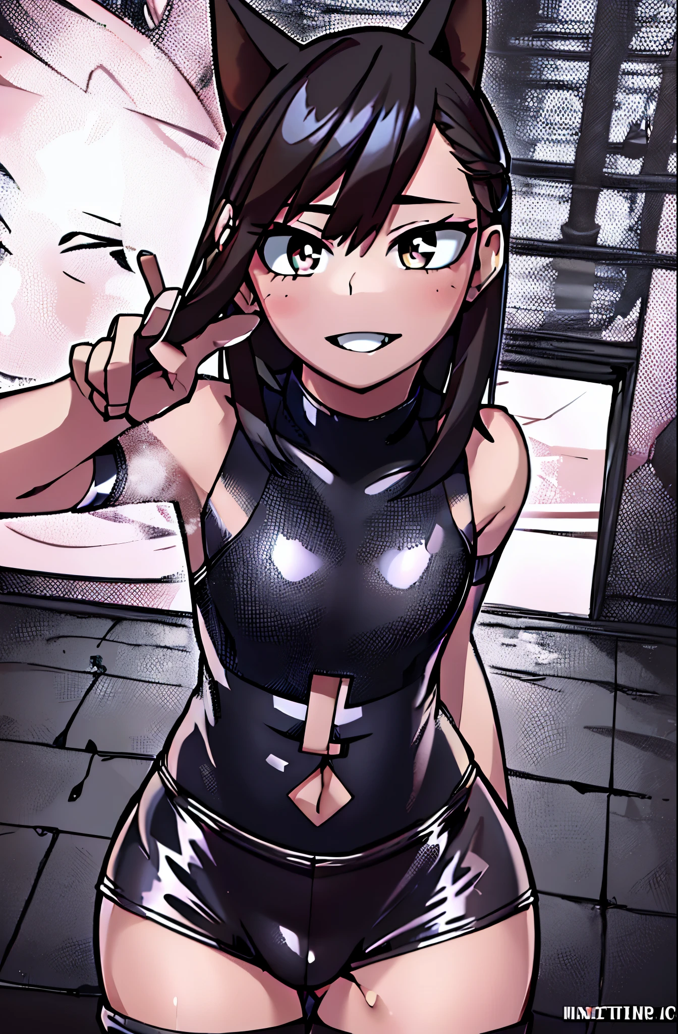 8k, masterpiece, highest quality, best quality, official art, beautiful and aesthetic, extremely detailed, (fractal art: 1.3), colorful, highest detailed, perfect face, upper body, HDR, sexy, wide hips, thicc figure, Detailed face, Detailed eyes, brown eyes, perfect face, perfect eyes, ( 1femboy, 1 female 1girl, trans, futa, futanari, big ass, slim waist, pretty face, long brown hair, sharp jawline, she is sexy, she is beautiful, she has black eyeliner, she has makeup, she has a girly face, she is tanned, she small , she is blushing, she wears blush, hips wider than shoulders, slim torso, black lipstic, e-girl makeup, blushing, pretty, sharp jawline, browm eyes, cute, thigh high socks, goth clothes, super hero suit, sexy hero suit, black lipstick, black eyeliner, cute smile, Goth, goth makeup, goth clothes, brown hair, wolf cut, bulge, bulge in underwear, genitalia outline, penis bulge, big julge in pants