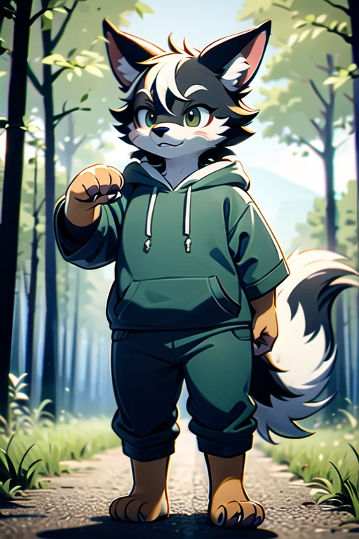 fox, femboy, sky blue eyes, multicolored fur, white fur, dark brown fur, black fur, wearing a hoodie, in a enchanted forest, solo,