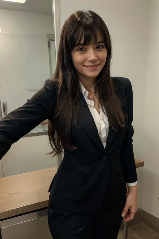 1 woman with bangs long hair and hair bow smiling wearing business suit working for CIA