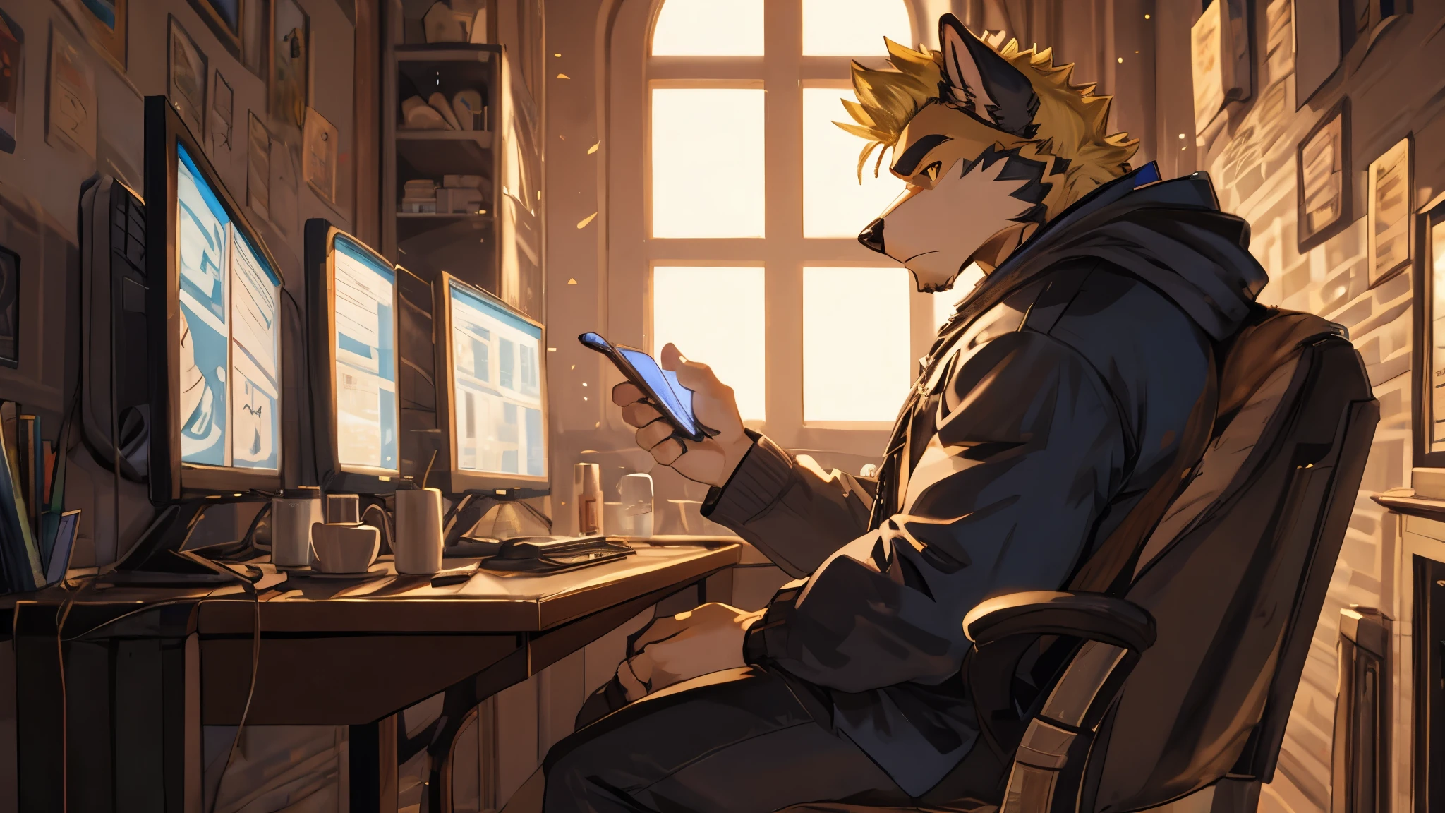 ((best quality)), ((masterpiece)), (detailed), perfect face, bara furry, dog man, big body, black skin, short quiff yellow hair, yellow eyes, perfect eyes, big dog ears, handsome, at home, light blue hoodie, white underwear, white socks, playing video game, white background