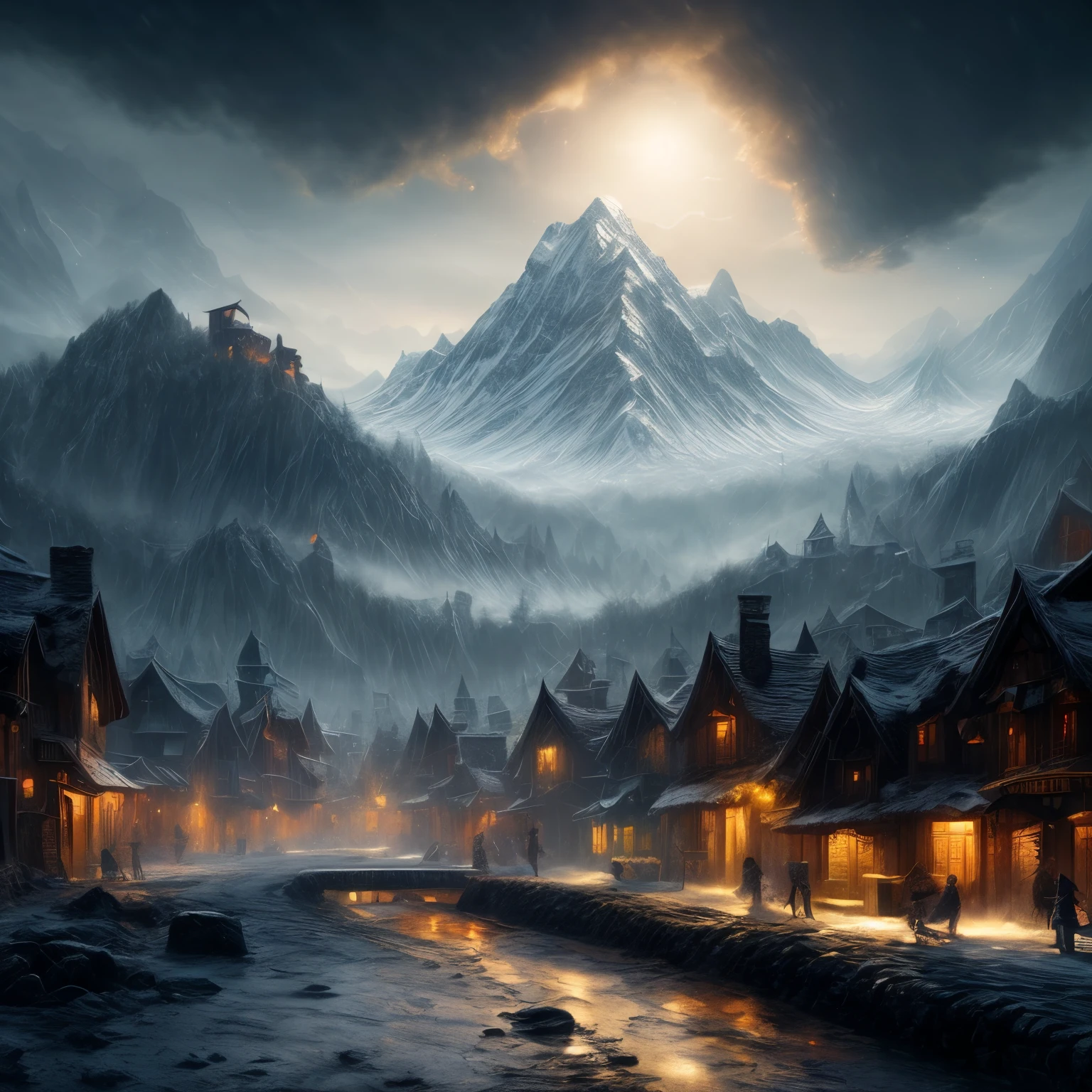 fantasy medieval D&D city nestled inside a large rift surrounded by treacherous mountains, dark silhouette against snow-capped peaks, subtle gradient effect suggesting various districts, fantasy landscape painting, awe and intriguing, mysterious.