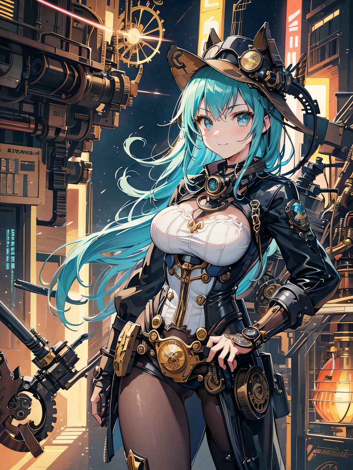 (comic book style),(line drawing_anime),(cowboy shot,Low - Angle, highest quality, ),(Laura Budd Photos:1.2),(Laura Add Details:1.0),8K, flat color:0.8,1 girl,smile,(Highly decorative and complex mechanical steampunk fashion, lace flare dolphin hat、goggles 1.5、machinery background、Gear background、Intricately mechanized steampunk cityscape 1.5),