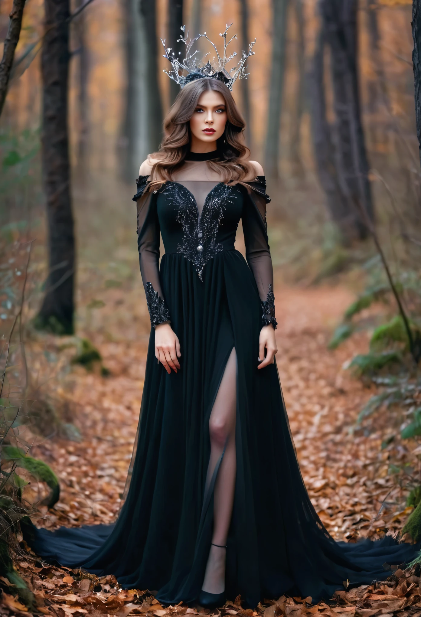 Masterpiece, arafed woman in a black dress standing in a forest, fantasy photoshoot, in a whimsical fairytale forest, queen of the forest, witch fairytale, flowing black gown, lovely dark autumn princess, forest fairy, haute couture fashion shoot, little stars sparkle in the dress, in the woods, glamour photography, fashion shooting, black gown, sharp focus, full shot fashion photography, realistic, photograph captured in the woods