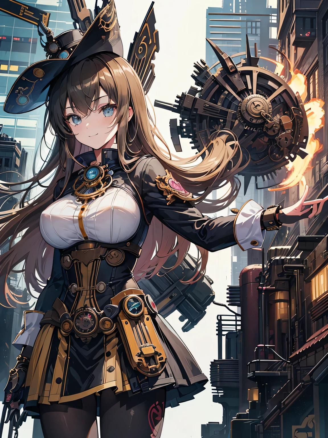 (comic book style),(line drawing_anime),(cowboy shot,Low - Angle, highest quality, ),(Laura Budd Photos:1.2),(Laura Add Details:1.0),8K, flat color:0.8,1 girl,smile,(Highly decorative and complex mechanical steampunk fashion, lace flare dolphin hat、goggles 1.5、machinery background、Gear background、Intricately mechanized steampunk cityscape 1.5),