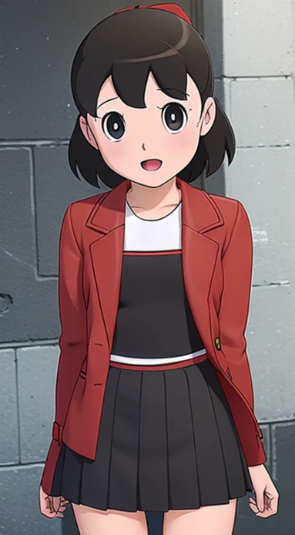 highres,masterpiece,best quality,extremely detailed,nsfw,1girl,city, street,arms behind back, black skirt, red coat, eye focus,