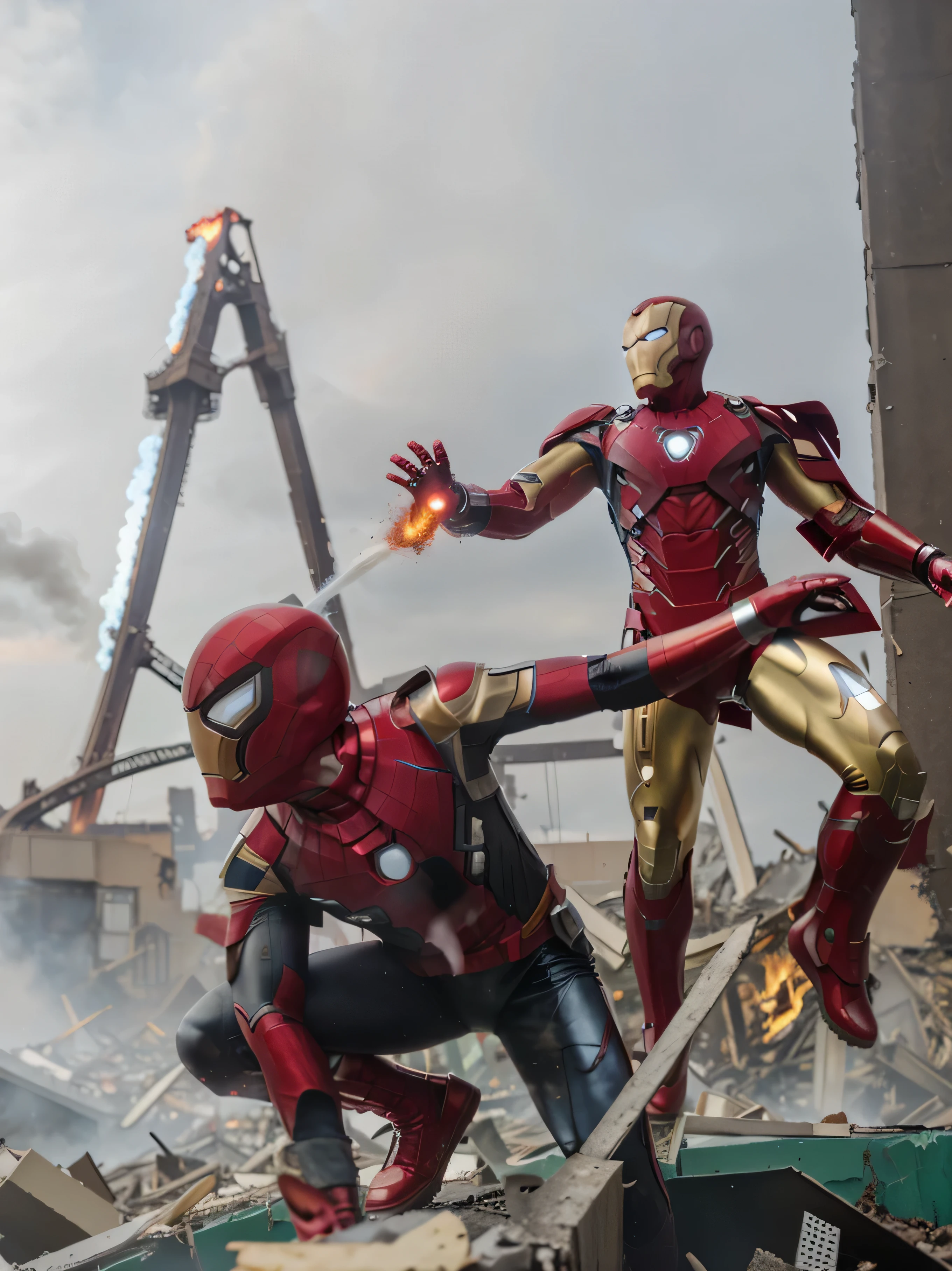 iron man and spider - man, Destroyed buildings behind, fire and sky.
