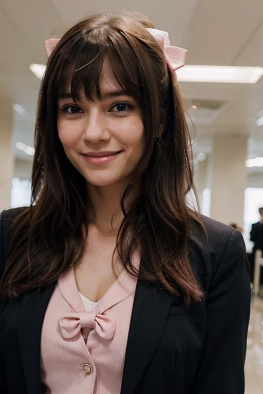 1 woman with bangs long hair and pink bow smiling wearing business suit working for CIA