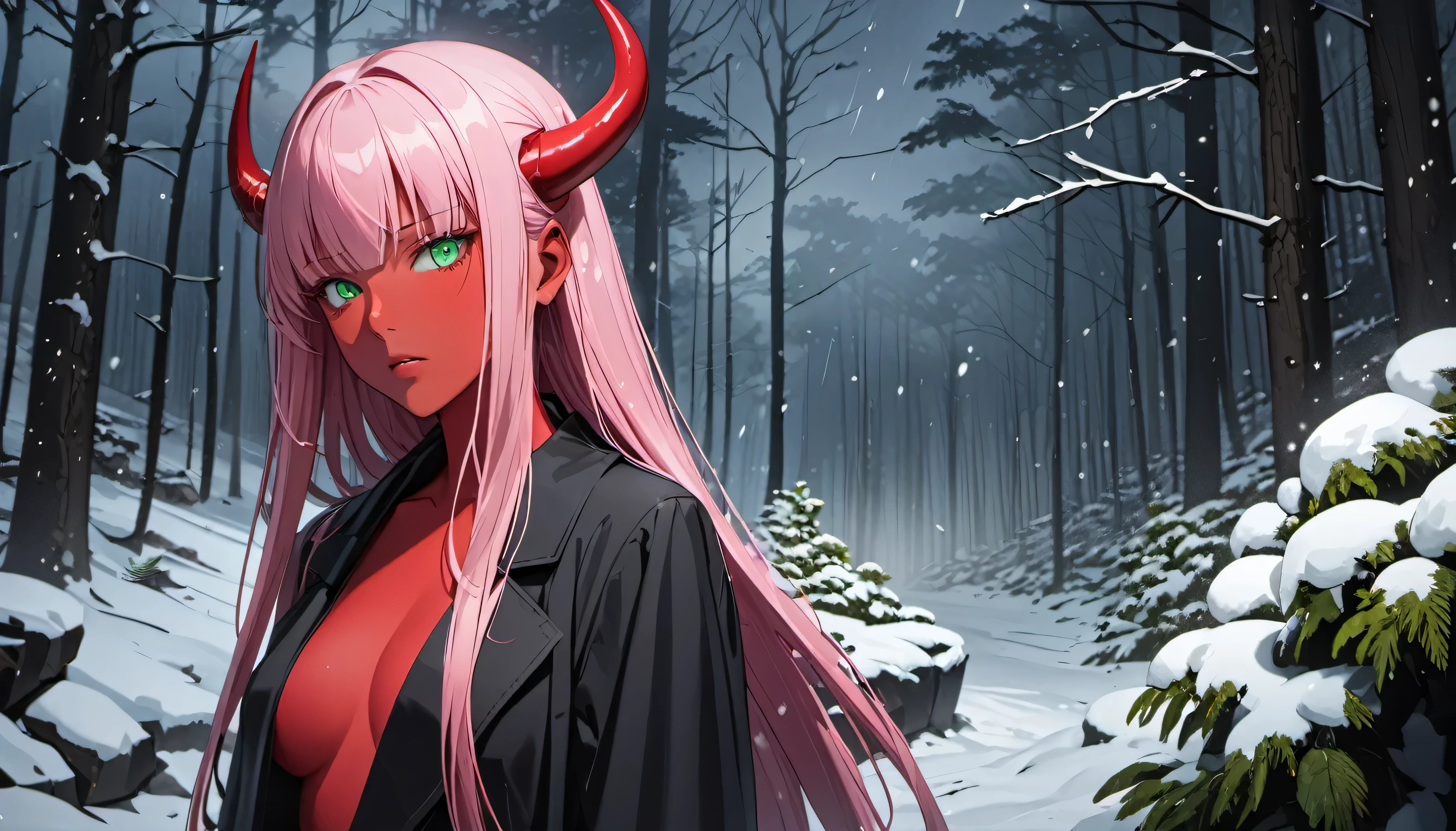 (Highres), (Detailed Illustration), Ultra-Detailed, 8k,highres, masterpiece, Zero Two, 1girl, best quality, long hair, (red skin), red horns, pink hair, green eyes, colored sclera, black robe, expressionless, bags under eyes, squinting, outdoors, snow, forest, night, snowing, blizzard, fog, mist, storm