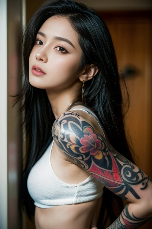 (best quality,height:1.2),very detailed,Close-up photo,(realistic:1.37),(soft light),(1 girl),abandoned,from the front,raise hips,(detailed face),(tattoo),Lock the heart of a thief,golden eyes,black hair,long hair.