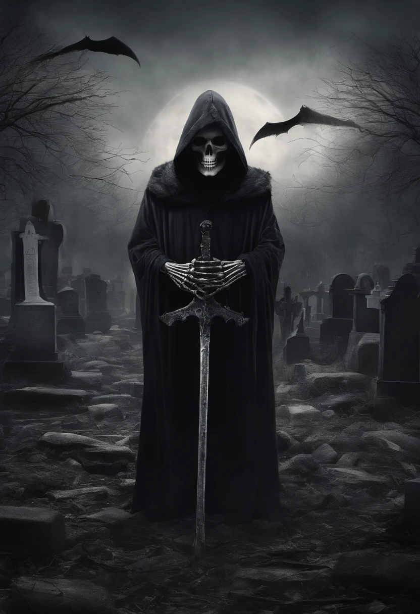 Personaje de La Parca con rostro de calavera, Black Hooded Tunic, hyper-realistic scythe in his skeletal hands, Hyper realistic, artistic, todo blanco y negro, hearse and cemetery in the background