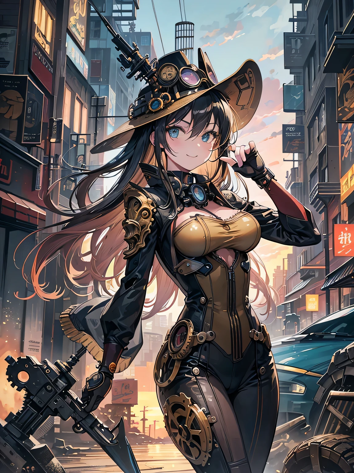 (comic book style),(line drawing_anime),(cowboy shot, highest quality, ),(Laura Budd Photo:1.2),(Laura Add Details:1.0),8k, flat color:0.8,(1 girl,smile 1.5)、(1 Riding a steampunk style bike.5)、(classic style motorcycle 1.5)、(Highly decorative and complex mechanical steampunk fashion, lace flare dolphin hat、(goggles 1.5)、machinery background、Gear background、Complex mechanized steampunk cityscape 1.5),