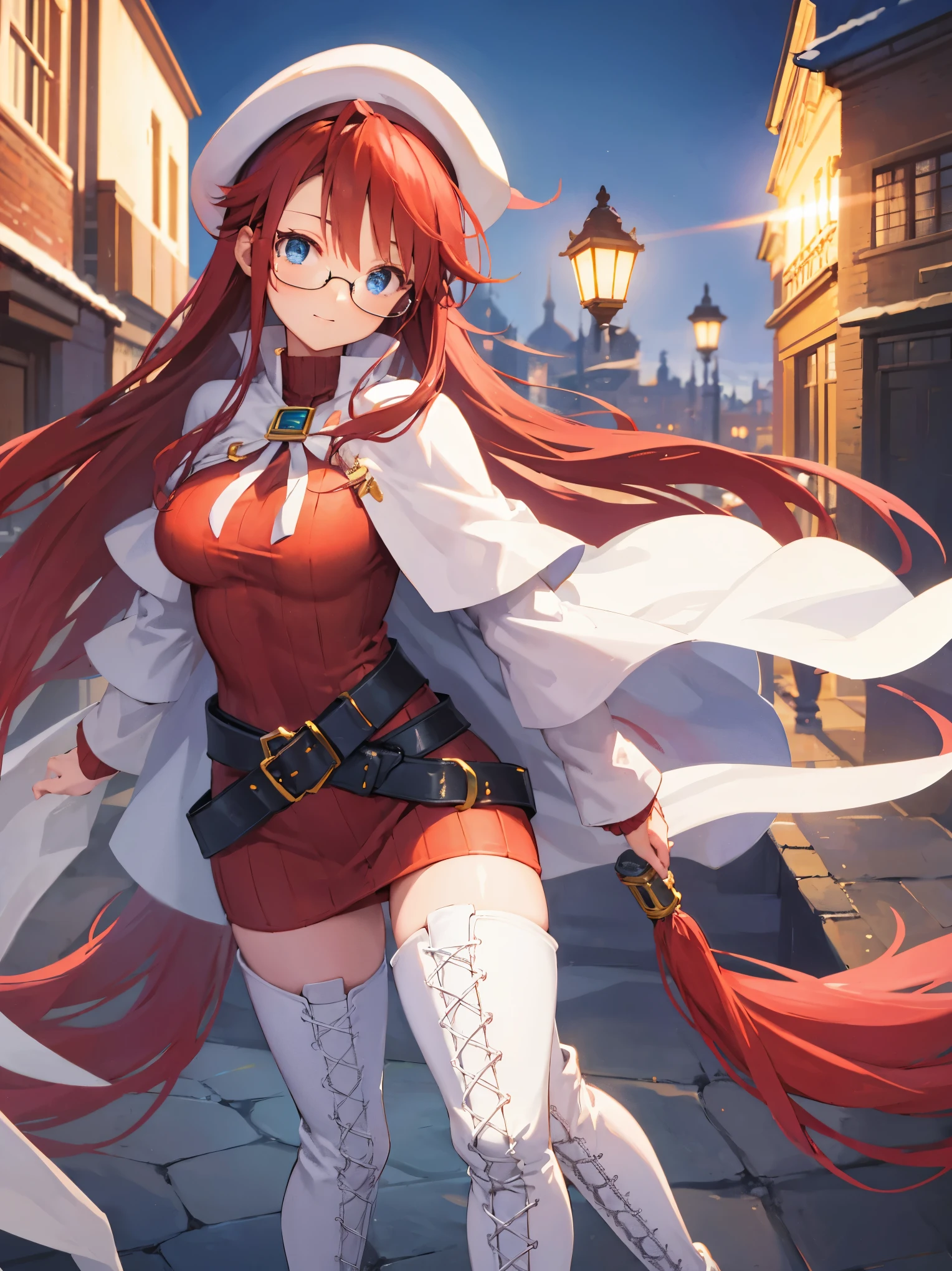 summonnightaty, aty, long hair, blue eyes, red hair, beret, hat, glasses,
BREAK long hair, thighhighs, hat, dress, boots, glasses, belt, cape, sweater, zettai ryouiki, beret, thigh boots, white footwear, ribbed sweater, loose belt,solo,
BREAK outdoors, fantasy,on_a_ship,
BREAK (masterpiece:1.2), best quality, high resolution, unity 8k wallpaper, (illustration:0.8), (beautiful detailed eyes:1.6), extremely detailed face, perfect lighting, extremely detailed CG, (perfect hands, perfect anatomy),covered_nipples,covered_navel,light_smile ,(half_eyes:1.4),sword,armpit,sleepy,dynamic_standing,barrel,red_sweater,apart_legs,magical_effect,pulmp,big_tits,