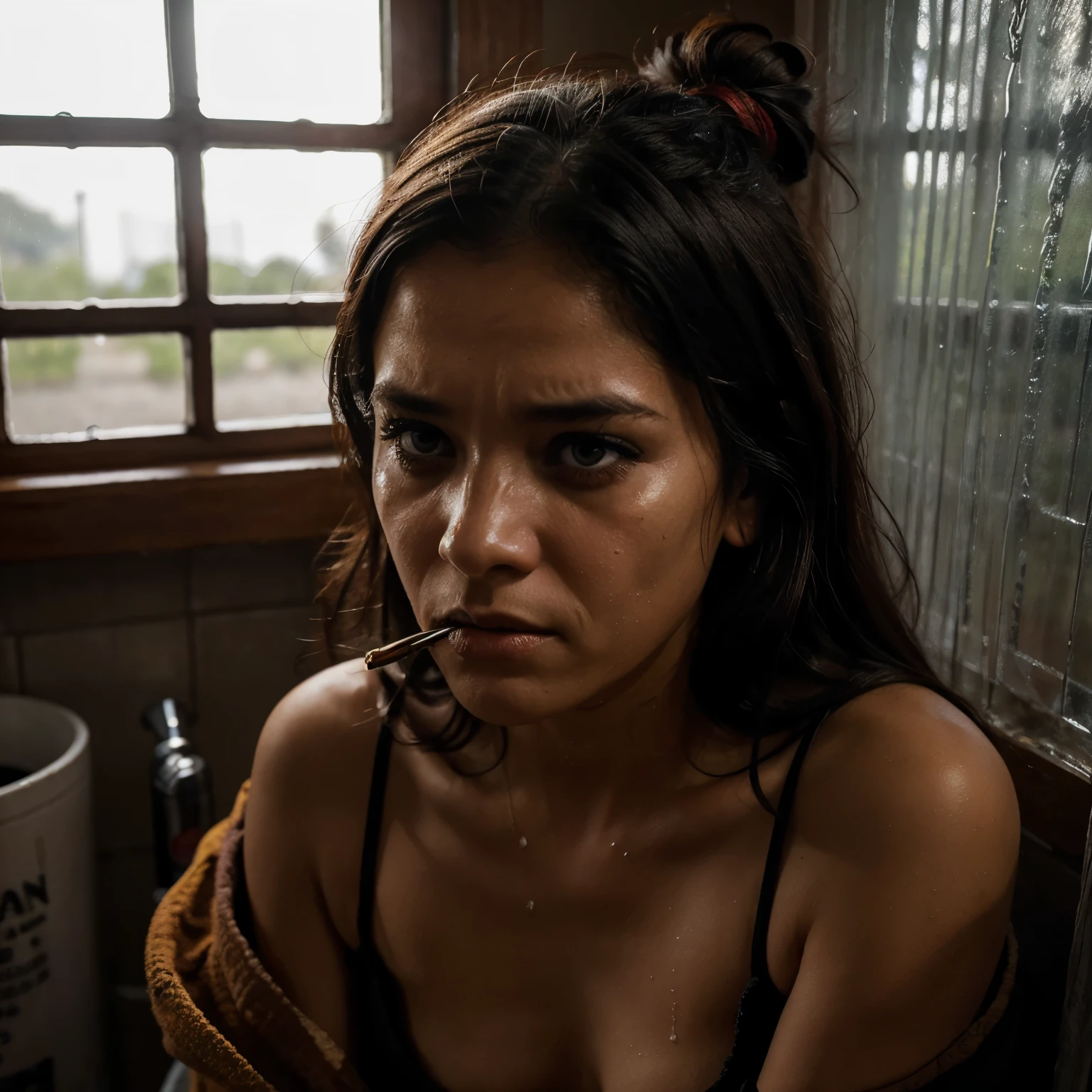 Mujer con el maquillaje corrido por llorar, smoking and alcoholic man in background cursing. toxic relationship. Colores grises. Small room and a window where it rains. Tienen un hijo en una cuna llorando.