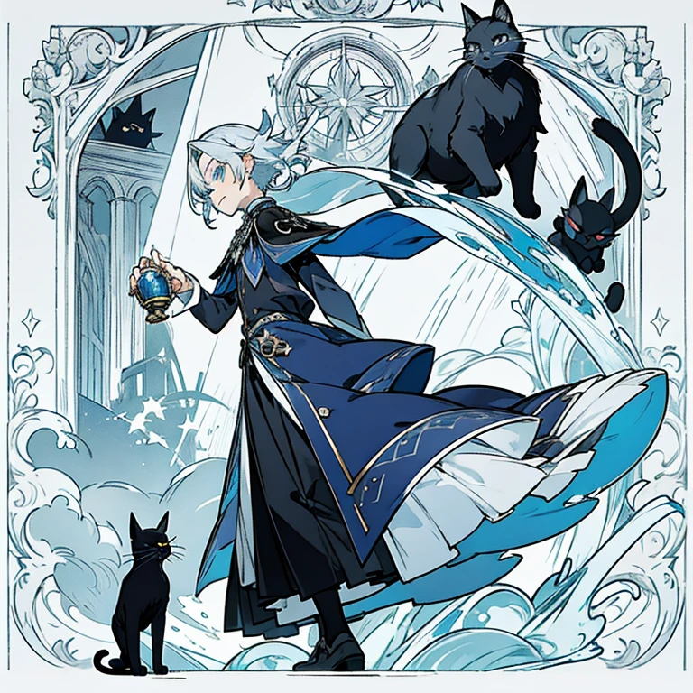 silver hair,dark blue eyes,Azure clothes,A pure black cat beside,The boy holds a silver bell