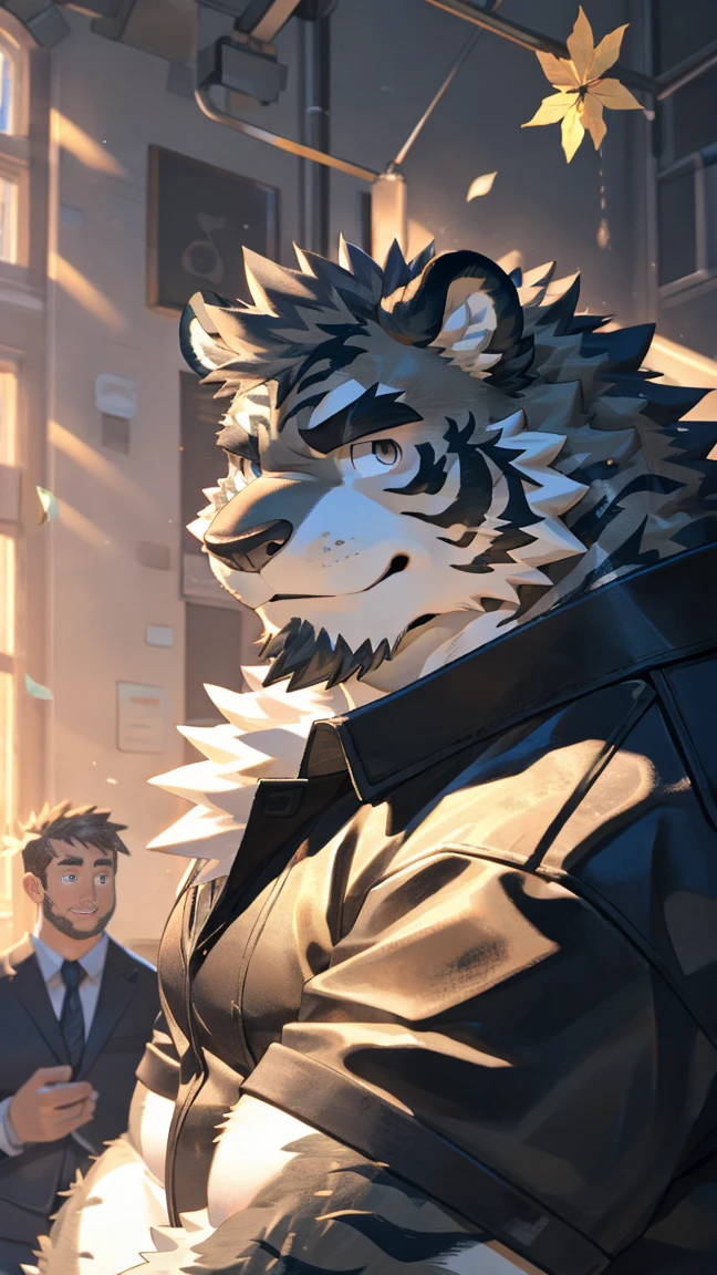 alone, ((fluffy fur, fluffy, hairy body)), detailed fluffy fur, Detailed face, delicate Eye, dynamic poses, (super detailed), sharp focus, Genji, Eye, hairy, (Gray black fur:1.5), White beard, human nature (black tiger), male, middle aged, white belly, Increase chest muscles(((muscular))), (endomorph body type:0.4), Not too fat, rest ((fig leaf，Exposed breasts)), ultra Detailed face, high detail, high quality, (best quality,4K,8K,High resolution,masterpiece:1.2), (close up:1.3), author：Takemoto Arashi, by kulplant, author：ghost of emptiness, From raccoon21, dynamic lighting, Smile, (whole body:1.4), looking at the audience, eternal, close up肖像, indoorHigh resolution, 用hand托住肚子, hand.详细的hand