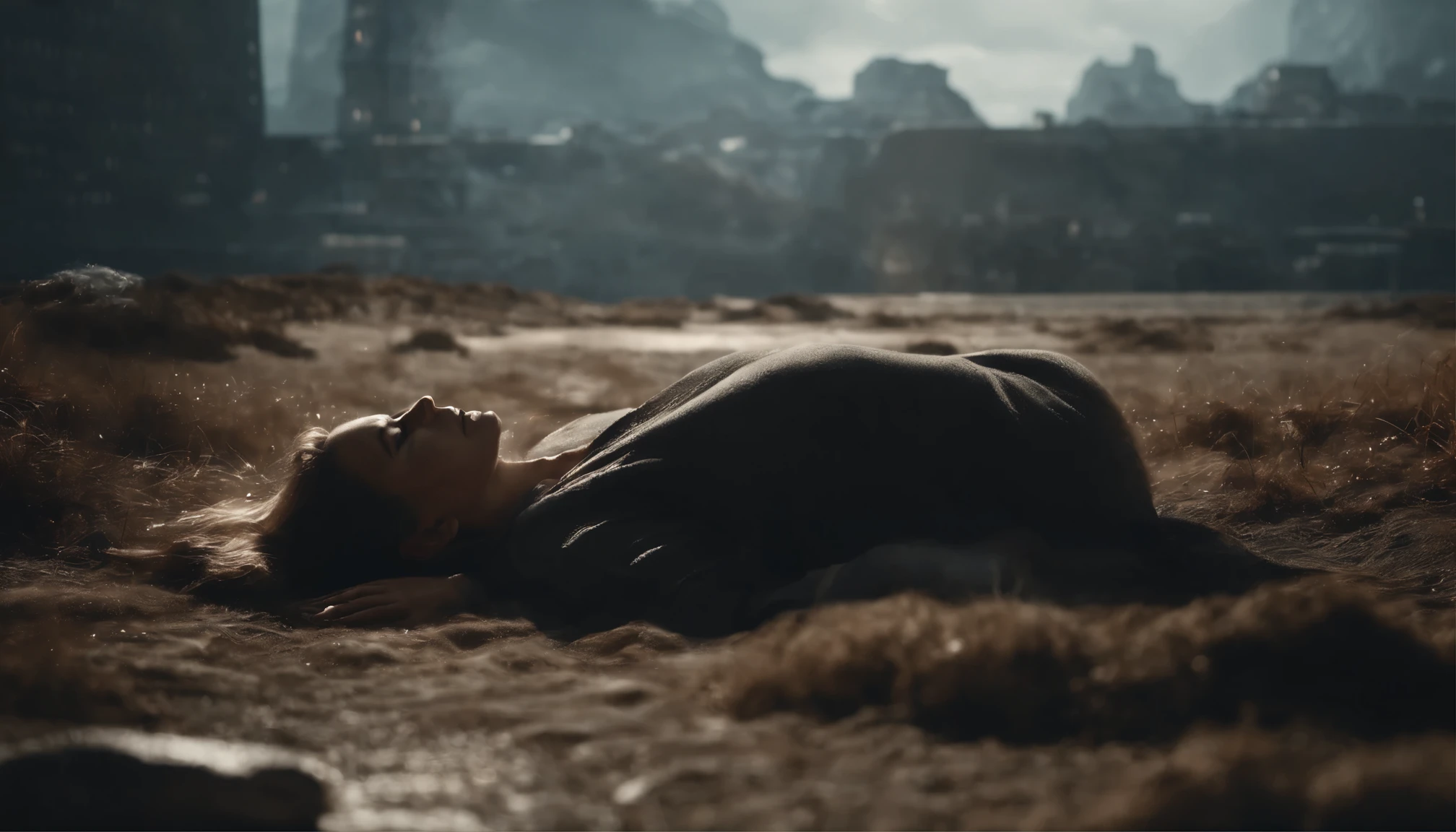 human in fetal position, in an artistic tone and with filaments coming out of the ground, al tras un paisaje estrellado de una ciudad futurista romana