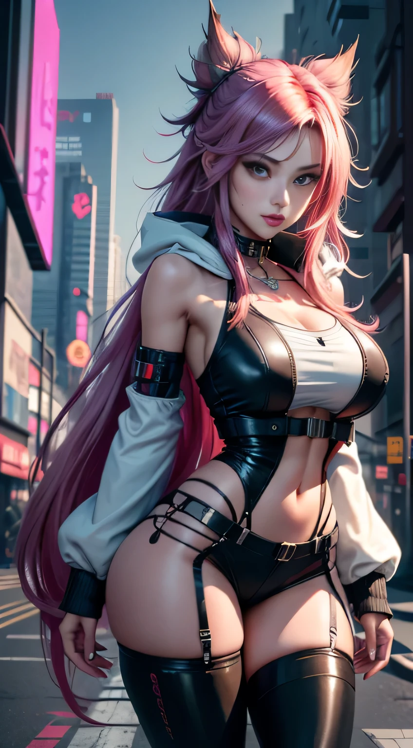 sfw, (RAW photos, Best quality, tmasterpiece:1.2), (actual, photo-actual:1.4),(tmasterpiece:1.4),(Best quality:1.4), ((cyber punk Girl)), ,Short white shirt，Open hooded fur-trimmed down jacket，Red miniskirt，((dynamicposes)), (((Cyberpunk city street background))), hair intakes, ((shapeless long hair)), looking at viewert, ssmile, (((upper legs gap))), upper legs, Very long hair, multicolour hair, alice \(Nikke\),(Glowing and radiant skin),actual., wearing bra,((skinny waist)), young asian girl, ((big breasted)),