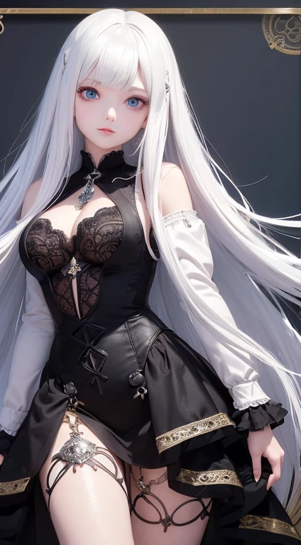 1 girl, Super long white hair, Beautiful and cute 17 year old beautiful girl、Beautiful bangs、Ultimate Beauty、bright expression、Beautiful blue eyes, Bright and dazzling platinum white、Long straight hair、black makeup, Eyebrows behind bangs、victorian black dress、fishnet, gothic vampire style, retro steampunk, penthagram on background, textured white skin, high details, Best Quality, 4K high resolution、glowy skin