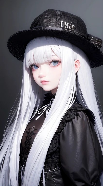 1 girl, Super long white hair, Beautiful and cute 17 year old beautiful girl、Beautiful bangs、Ultimate Beauty、bright expression、Beautiful blue eyes, Bright and dazzling platinum white、Long straight hair、black makeup, Eyebrows behind bangs、victorian black dress、fishnet, gothic vampire style, retro steampunk, penthagram on background, textured white skin, high details, Best Quality, 4K high resolution、glowy skin