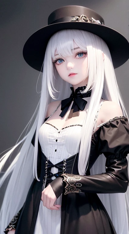 1 girl, Super long white hair, Beautiful and cute 17 year old beautiful girl、Beautiful bangs、Ultimate Beauty、bright expression、Beautiful blue eyes, Bright and dazzling platinum white、Long straight hair、black makeup, Eyebrows behind bangs、victorian black dress、fishnet, gothic vampire style, retro steampunk, penthagram on background, textured white skin, high details, Best Quality, 4K high resolution、glowy skin