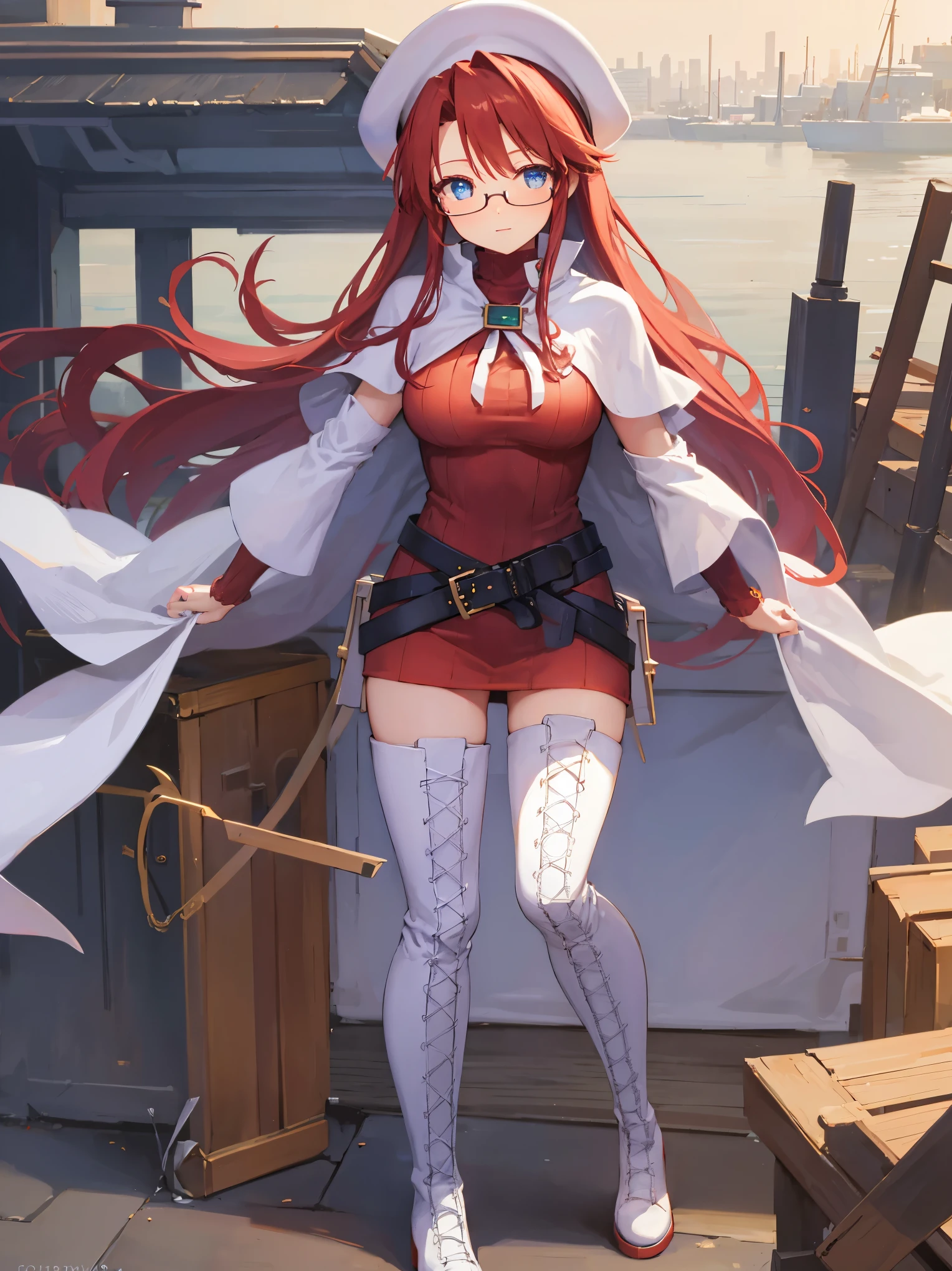 summonnightaty, aty, long hair, blue eyes, red hair, beret, hat, glasses,
BREAK long hair, thighhighs, hat, dress, boots, glasses, belt, cape, sweater, zettai ryouiki, beret, thigh boots, white footwear, ribbed sweater, loose belt,solo,
BREAK outdoors, fantasy,on_a_ship,
BREAK (masterpiece:1.2), best quality, high resolution, unity 8k wallpaper, (illustration:0.8), (beautiful detailed eyes:1.6), extremely detailed face, perfect lighting, extremely detailed CG, (perfect hands, perfect anatomy),covered_nipples,covered_navel,light_smile ,(half_eyes:1.4),sword,armpit,sleepy,dynamic_standing,barrel,red_sweater,apart_legs,magical_effect,pulmp,big_tits,