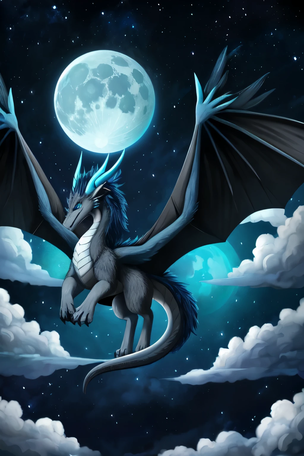 feral style fluffy dragon flying in the air, black/gray colored fur with dark blue accents on legs and arms, two front legs, two back legs, one pair of wings, blue horns, cyan eyes, spread wings, cloudy night sky, three glowing moons